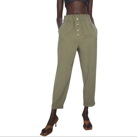 Zara Paperbag Waist Green Viscose High Rise Waisted Trousers Pants Size Medium - Picture 3 of 14